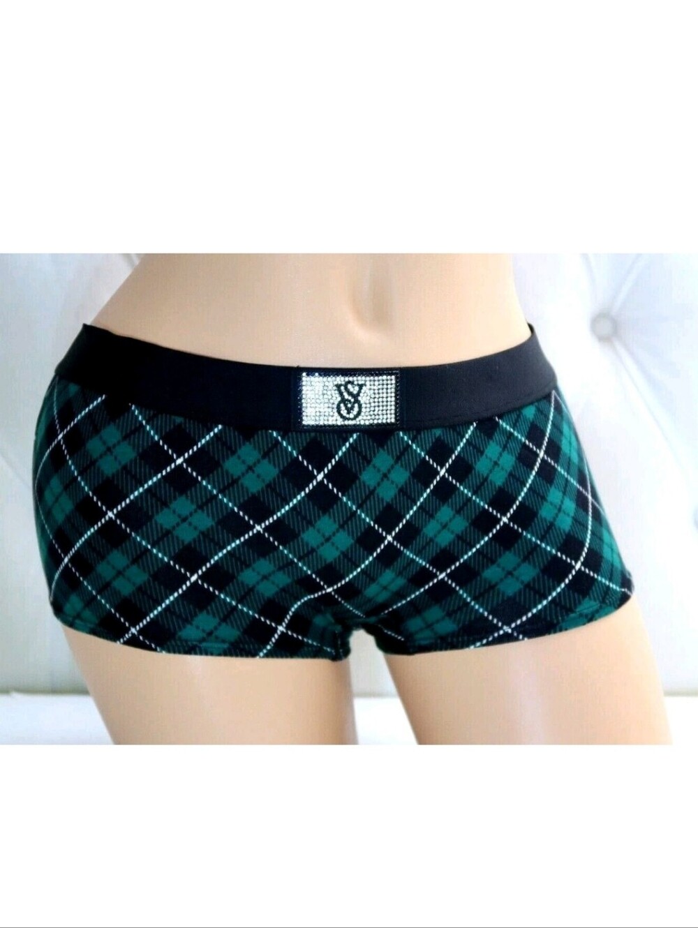 Victoria's secret shine patch logo cotton boyshort panty PLAID XXL GREEN